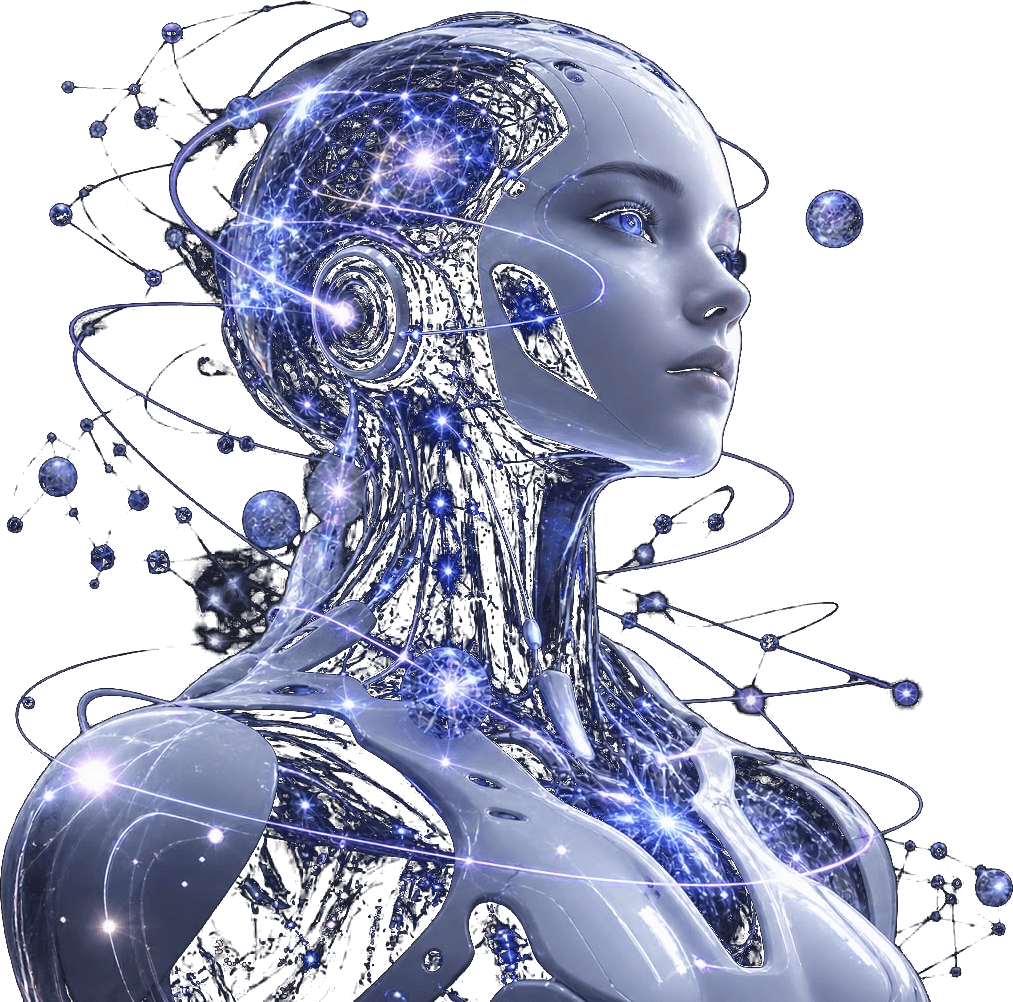 Abstract render of an AI figure woven from a luminous neural network